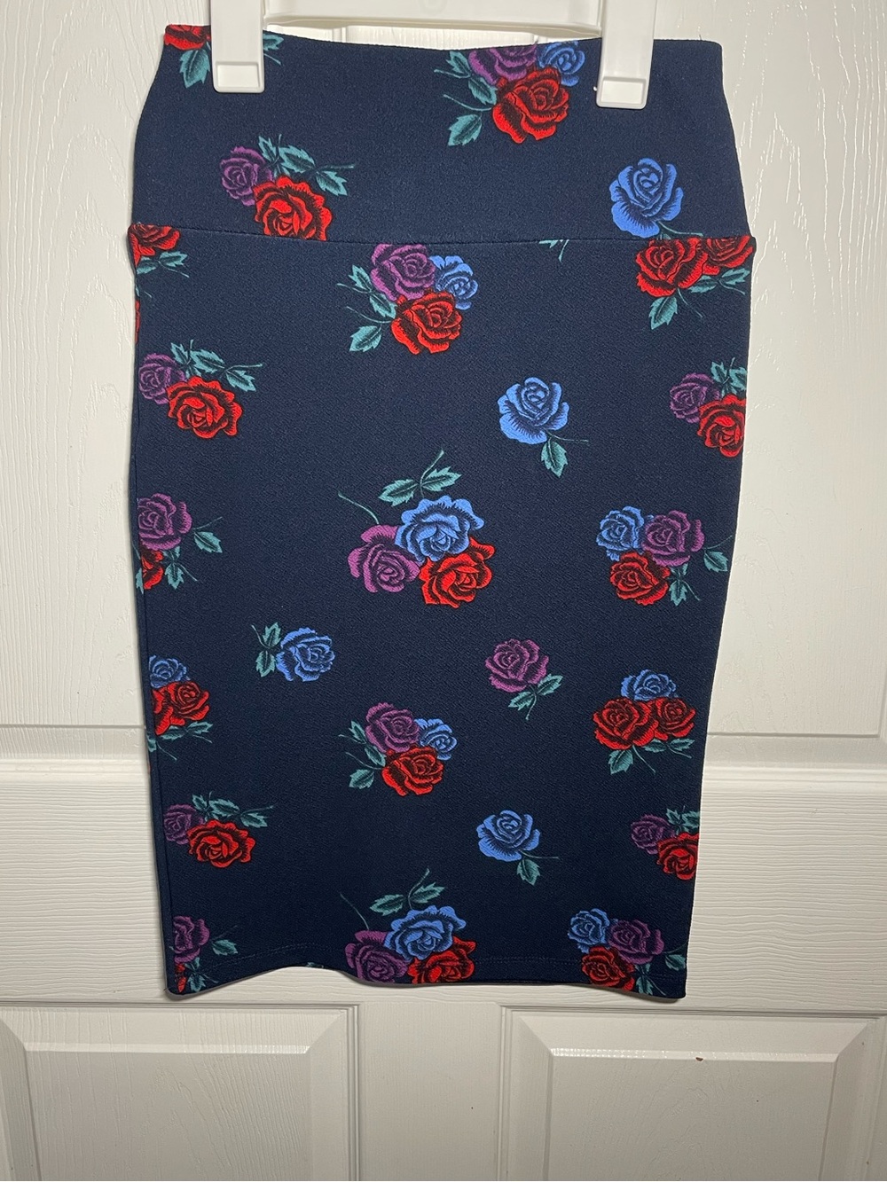 LuLaRoe Navy Pencil Skirt with Red, Blue & Purple Rose Print